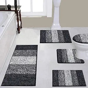 Vaukki 5 Piece Bathroom Rugs Set, Non Slip Shaggy Microfiber Plush Absorbent Washable Bath Shower Mats Runner for Tub (18''x26''+20''x32''+20''x47''+U20''x24''+Lid Cover, Black)