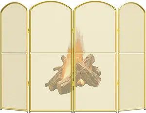 Fireplace Screen Stand Alone Gold Foldable Fireplace Gate 4 Panel Decorative Fireplace Cover Metal Fire Spark Guard for Home Indoor Fireplace, Gold (47.8" W x 31" H)