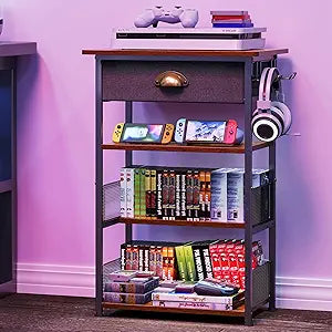 Hongtamoya 4-Tier AV Media Stand with Drawer, Video Game Console Shelf with 2 Hooks, Audio Rack Tower Perfect for/Xbox/ PS5/Switch/Game Consoles/DVD/Record Player/Projector/Sky Box/TV Accessories