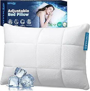 Adjustable Cooling Pillow for Sleeping, 2-Layer Bed Pillow with 3 Loft Options, Soft Support Standard Pillow for Side, Back & Stomach Sleepers, Breathable Washable Cover, 23.6" x 15.8"