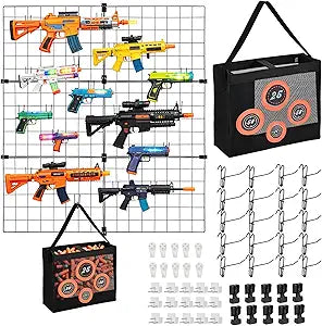 Wall Mount Storage Organizer for Toy Guns, Metal Toy Gun Storage and Accessories with Shooting Practice Target, Wall Mount Hanging Toys Gun Holder for Foam Blasters Gun Accessories Kids Room Game Room