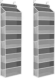 SpaceHacks 2 Pack Over The Door Organizer, Hanging Storage Organizer with Clear Window, 40lb Ultra Sturdy Large Capacity Room Organizer for Pantry Laundry Bathroom Nursery Closet (Grey)