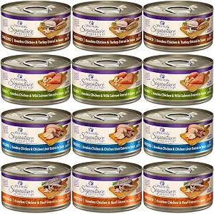 Wellness Signature Grain Free Wet Cat Food Variety - 4 Flavors Pack (12 Cans) with Lid: Chicken, Liver, Salmon & Turkey (2.82oz)