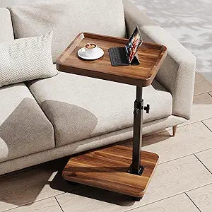 C Table End Table Adjustable Height, 360Swivel TV Tray Table for Small Spaces, Side Tables with Wheels for Living Room and Bedroom, Bed (Walnut)