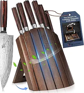 SYOKAMI 2026 Upgrade Knife Set 7 Piece Japanese Style Kitchen Knife Set With Foldable Magnetic Acacia Wood Block Sharp High Carbon Stainless Steel Chef Knives Set with Anti-slip Handle, Ideal for Gift
