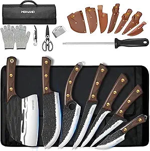 MDHAND Butcher Knife Set, Hand Forged Viking Kitchen Serbian Chef Knife Set with Roll Bag, Heavy Duty Meat Cleaver & Brisket Knives & Meat Cutting Knife for BBQ, Outdoor Camping, Gifts for Men Women