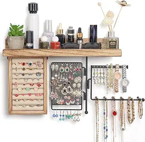 SOLIMINTR Hanging Jewelry Organizer Wall Mount with Rustic Wood Shelf, Ring Display Box, Ear Studs Earring Holder, Rotating Necklace Holder Organizer