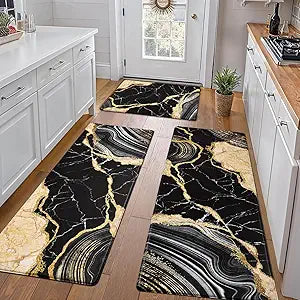 ASPMIZ 3 Piece Marble Kitchen Runner Rugs Set, Anti Fatigue Cushioned Kitchen Floor Mats, Black Gold Marble Kitchen Rugs Non Slip, PVC Waterproof Kitchen Mats 18'' x 30'' + 18'' x 48'' + 18'' x 60''