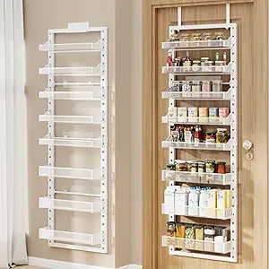 8 Tier Pantry Door Organizer, 2 IN 1 Over the Door Pantry Organizer with Metal Adjustable Baskets,Spice Rack Wall Mount or Door Organizer, Door Spice Rack for Pantry