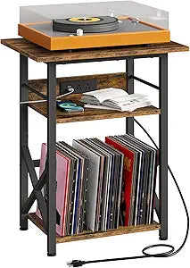 CHOEZON Record Player Stand with Power Outlet, Vinyl Record Storage Side Table, 19" Large Tabletop, Charging Station & Crossed Frame Design for Turntable, Rustic Brown and Black TBZ48UBF