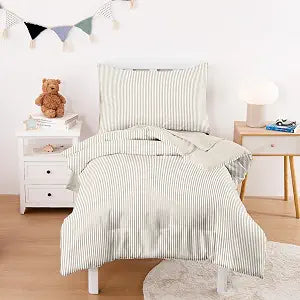 Wake In Cloud - Toddler Bedding Set for Boys Girls, 100% Cotton Fabric, Ticking Stripe Pinstripe Farmhouse Style, 4 Pieces Soft Crib Bed Set Including Comforter, Sheets and Pillowcase, Light Brown