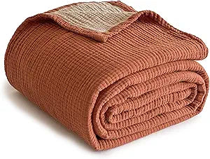Simple&Opulence 100% Cotton Muslin Blanket Queen Size, Lightweight Breathable 4 Layering Gauze Blanket for Bed Couch Camping, Soft Bedspread Coverlet All-Season Use (Rust Orange, 88" x 92")