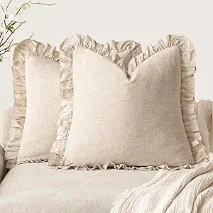 Foindtower Set of 2 Decorative Linen Fringe Ruffle Throw Pillow Covers Soft Boho Farmhouse Cushion Cover Cozy Accent Retro Pillowcase for Couch Sofa Bed Living Room Home Decor,2424 Inch,Natural Beige