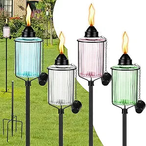 Nonley 4 Pack Glass Garden Torch for Outside,Upgraded Citronella Torches with 5-Prong Grounded Stake, 61" Height Adjustable Weatherproof Garden Dcor Torch for Patio Pathway Party, Multicolor