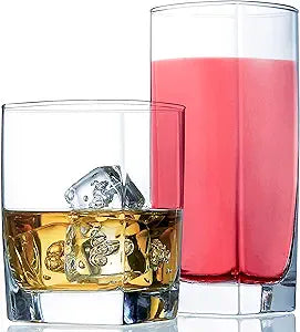 Le'raze Everyday Drinking Glasses Set of 8 Drinkware Kitchen Glasses for Cocktail, Iced Coffee, Beer, Ice Tea, Wine, Whiskey, Water, 4 Tall Highball Glass Cups & 4 Short Old Fashioned.