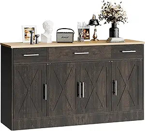 SUNLEI Kitchen Buffet Sideboard Cabinet, Farmhouse Storage Cabinet with 4 Doors and 3 Drawers, Wooden Base Cabinet with Adjustable Shelf for Living Room, Brown
