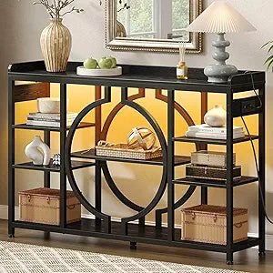 GOLDDAY 47.2 Inch Console Tables with Charging Station and LED Light, 4 Tier Black Industrial Sofa Table with storage for Entryway, Wooden Shelves Entry Table for Hallway, Entrance, Foyer, Living Room