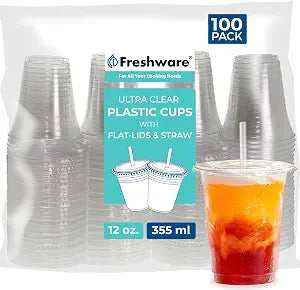 Freshware 12 oz Clear Disposable Plastic Cups with Flat Lids and Straws, 100 Pack Clear Plastic Cups Tumblers, Heavy-duty Party Glasses, Disposable Cups for Thanksgiving, Halloween, Christmas Party
