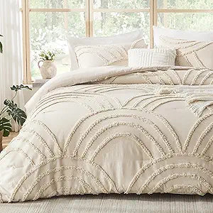 ENJOHOS Boho Comforter Set 3PC, Full Size, Beige, Dorm Bedding Sets for College Girls, Tufted Rainbow Design, Fluffy Lightweight Breathable Microfiber Comfoter