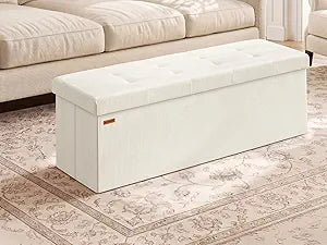 SONGMICS MAZIE Collection - Storage Ottoman Bench, Foldable Foot Rest, 15 x 43 x 15 Inches, End of Bed Bench, Storage Chest, Load 660 lb, Living Room, Bedroom, Entryway, Cream White ULSF604W01