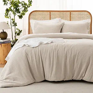 David's Home Cotton Muslin Comforter Set Queen Size, 100% Cotton Cover Ultra-Soft Breathable Lightweight Skin-Friendly for Spring Summer, 3PCS Linen Like Gauze Bedding with Polyester Filling, Natural