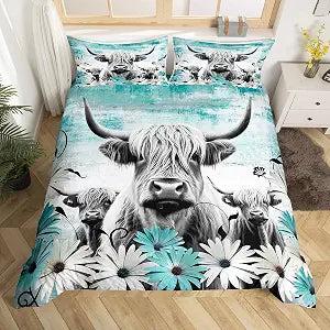 Erosebridal Highland Cow Print Duvet Cover Full,Teal Western Farmhouse Bedding Set Rustic Home Decor,Longhorn Cattle Farm Animal Comforter Cover Daisy Floral Bed Sets Cowboys Gifts for Boys Girls Kids