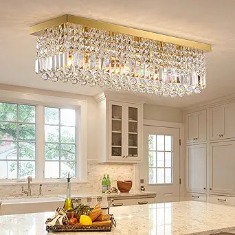 Siljoy 6-Light Modern Crystal Chandelier, Gold Rectangular K9 Crystal Raindrop Chandelier Flush Mount Ceiling Light Fixture for Dining Room Living Room Kitchen Island L31.5'' x W10'' x H10''