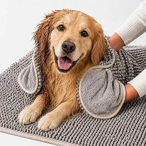 Pet 2-in-1 Dog Towel & Mat  Transforms from Drying to Bath Mat, Ultra Soft, Absorbent & Quick-Drying, Machine Washable Dog Towels with Detachable Non-Slip Mat and Hand Pockets (Large)