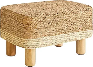 YMYNY Foot Stool Ottoman Rectangular Small Footrest Natural Seagrass Hand Weave Pouf with Wooden Legs, Outdoor Padded Footstools for Living Room Bedroom Entryway White UHBD043W