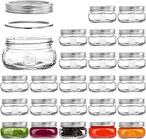Tebery 24 Pack Home Glass Mason Jars with Silver Metal Lids and Bands, 7.6 OZ Wide Mouth Glass Canning Jars for for Canning, Preserving, Meal Prep, Overnight Oats, Jam, Jelly