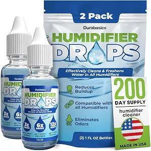 Durabasics [2 Pack] Humidifier Drops for Cleaning - Food Grade Humidifier Cleaner Slows Buildup & Scaling - Cleans & Deodorizes Water - Suitable for All Models - 200+ Day Supply - Made in USA