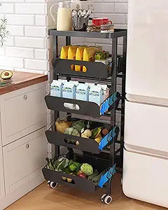 5-Tier Snack Cart with 4 Sliding Drawers and Fixed Top Shelf, Mobile Utility Organizer with Wheels for Kitchen, Office, Bathroom-Black