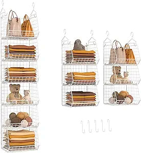 X-cosrack 6 Tier Closet Hanging Organizer, Clothes Hanging Shelves with 4 Hanging Hooks 5 S Hooks, Wire Storage Basket Bins, for Clothing Sweaters Shoes Handbags Clutches Accessories Patent