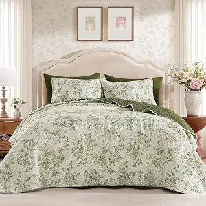 Andency Quilt King Size, Sage Green Flower Bedspread King Size, 3 Pieces Soft Bedding Set, Lightweight Coverlet Set for All Season with 2 Pillowcases (106"x96")