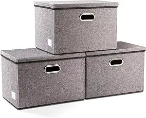 PRANDOM Large Collapsible Storage Bins with Lids [3-Pack] Linen/Cotton Blend Foldable Storage Boxes Organizer Containers Baskets Cube with Cover for Home Bedroom Closet Office Nursery(17.7x11.8x11.8)