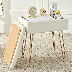 BRIAN & DANY Vanity Stool, Velvet Vanity Stool Chair with Storage, Rectangle Makeup Chair Soft Padded Seat with Legs for Bedroom (Beige)