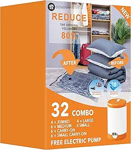 GONGSHI Vacuum Seal Bags for Clothing Travel & Home Storage, Travel Vacuum Bags with Electric Pump,Space Saver for Blankets, Comforters, Pillows, Clothes,32 Combo