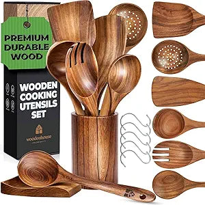 Wooden Utensil Set 8 Pcs  Sturdy & Easy to Clean, Natural Teak Wooden Spoons for Cooking  Non-Scratch Cooking Utensils with Spatula, Turner, Ladle, Spoons, Skimmer, Holder, Spoon Rest & 6 Hooks