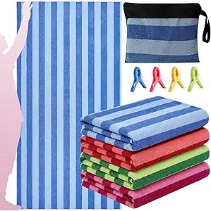 Gilprop 4 Packs Oversized Stripe Beach Towels Microfiber Pool Towel with Bags & Clips Soft Absorbent Quick Dry Camping Towels for Women Men Travel Families Swim (7236 in,Multicolor)