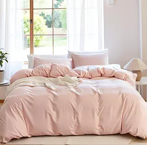 Linen Duvet Cover Set Twin Size, 2 Pieces Linen Cotton Blend Extra Soft Bedding Set, Cooling and Breathable Bedding Cover with 1 Pillowcase for Hot Sleepers, Pale Pink