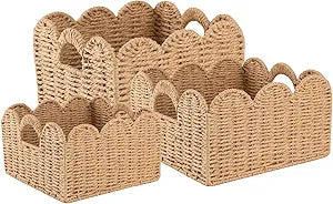 OIAHOMY Scalloped Wicker Baskets, Hand-woven Storage Baskets with Built-in Handles, Paper Rope Shelf Baskets for Organizing and Decoration, Set of 3-Yellow