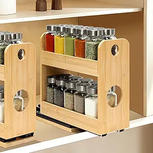 Tfro & Cile Pull Out Spice Rack Organizer for Cabinet 2-Tier Vertical Bamboo Slide Out Seasoning Organization for Kitchen Pantry