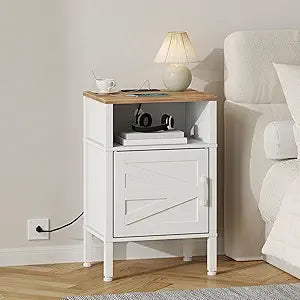 Nightstand with Charging Station, Side Table with USB A & C Ports and AC Outlets, End Table with Storage Cabinet and Reversible Door for Bedroom, Living Room, Small Spaces,Warm Earthy Brown & White