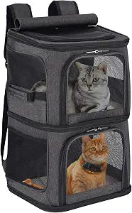 2-in-1 Double Pet Carrier Backpack for Small Cats and Dogs, Portable Pet Travel Carrier, Super Ventilated Design, Ideal for Traveling/Hiking/Camping, Black