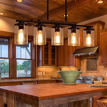Farmhouse Dining Room Light Fixture, 2026 Upgrade 5-Light Pendant Lights Kitchen Island Lighting, 32.4" Black Farmhouse Chandeliers for Dining Room Chandelier Over Table with Wood Clear Glass Shade