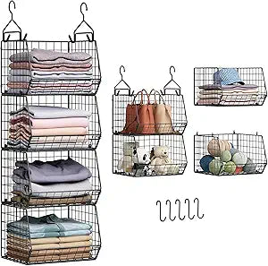 4 Tier Closet Hanging Organizer, Closet Organizers and Storage with 5 S Hooks, Closet Hanging Shelves & Freestanding Wire Storage Basket Bins, for Clothing Shoes Handbags Clutches Accessories Patent