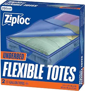 Ziploc Flexible Totes, Underbed Size, 17 Gallon, 2 Count Organizing Tote with Zipper and BuiltIn Handles, Flexible & Stackable Clothing and Home Storage Bag