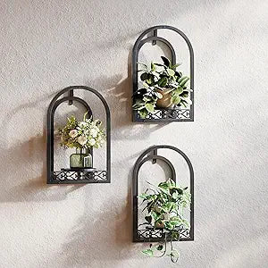 Hanging Planter for Indoor & Outdoor Plants, Mid Century Modern Iron Frame Wall Decor for Living Room Garden Patio 3 Pack BlackNo Light