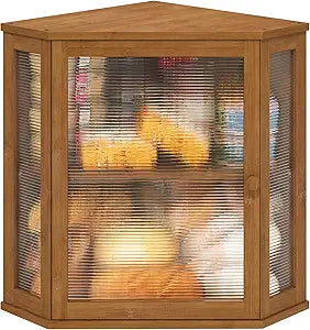 viewcare Corner Bread Box for Kitchen Counter, Bamboo Wood Large Capacity Bread Storage Bin with Acrylic Wavy Door Panel (Brown, Extra Large)