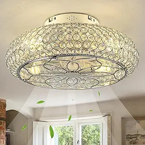 Caged Crystal Ceiling Fans with Lights and Remote,20" Flush Mount Low Profile Ceiling Fan with Light,6 Speed Enclosed Ceiling Fan with Reversible Motor for Bedroom Kitchen Living Room